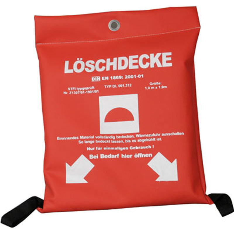 Löschdecke 1000 x 1000 in roter PVC-Tasche mit Öse zu aufhängen